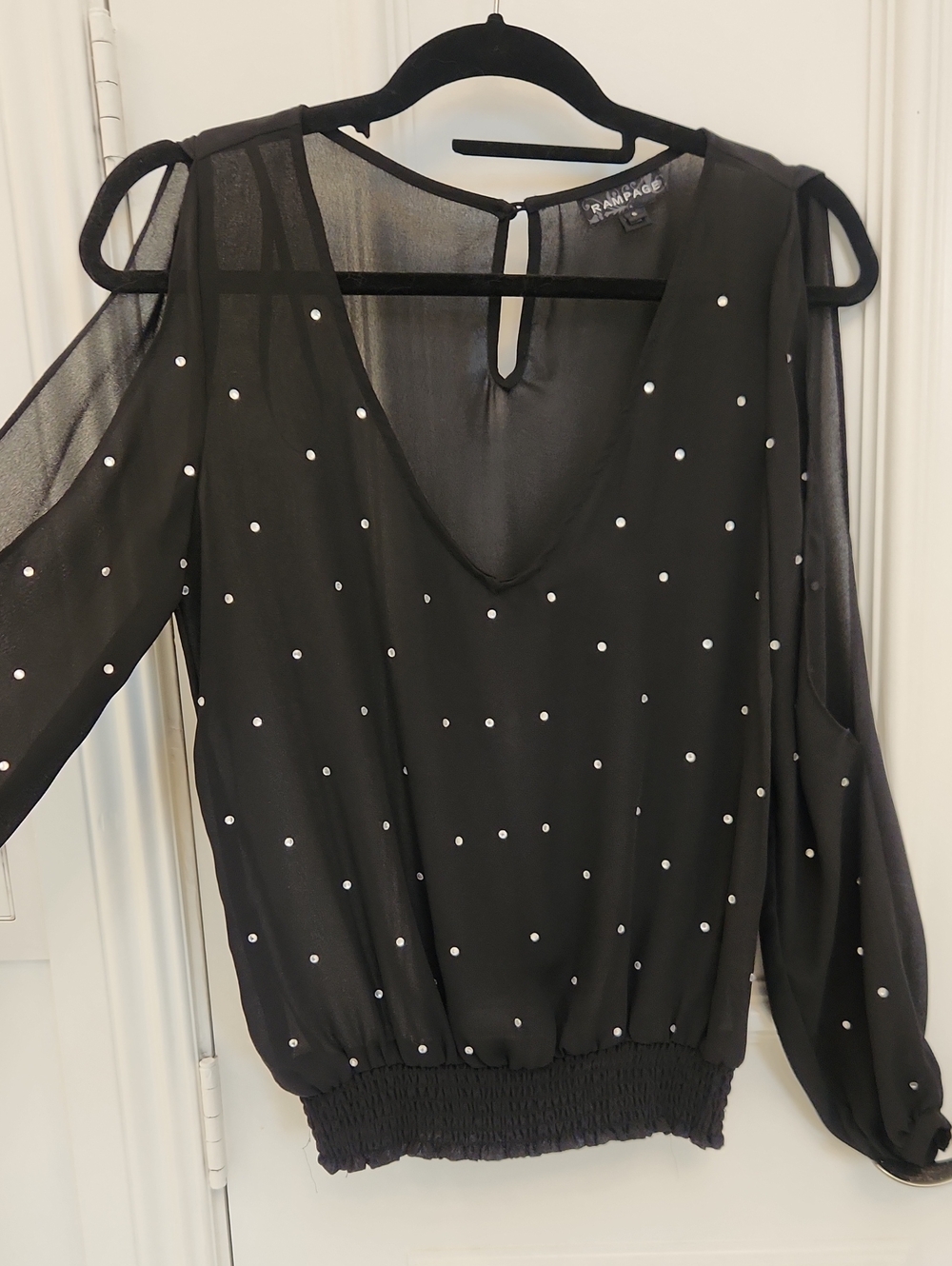 Rampage Black Sheer Cold-Shoulder Blouse with Silver Studs